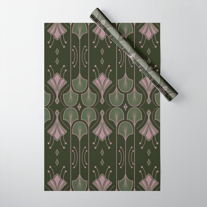 Art Deco Botanical Leaves Dark Green Wrapping Paper by ANUTU